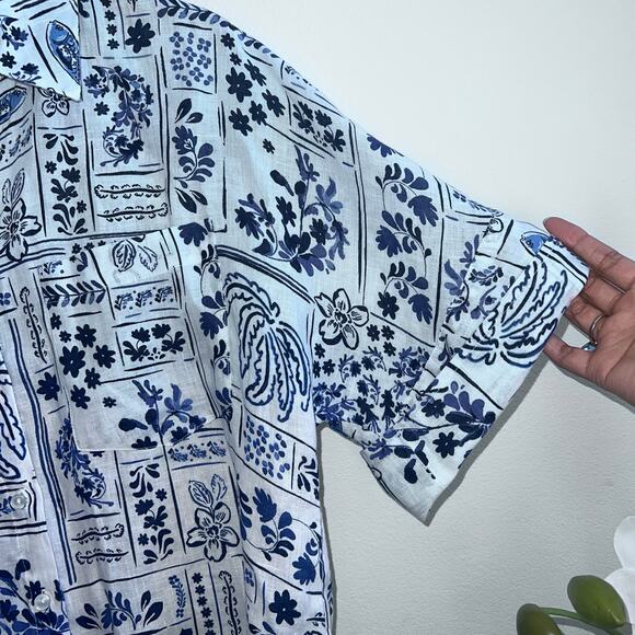 Charter Club Women's Printed 100% Linen Crochet-Trim Blue Button Up Shirt Size S - Picture 5 of 8